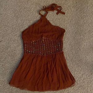 Forever 21 Rust/Brick color flowy halter top with knit and sequins at waist, S